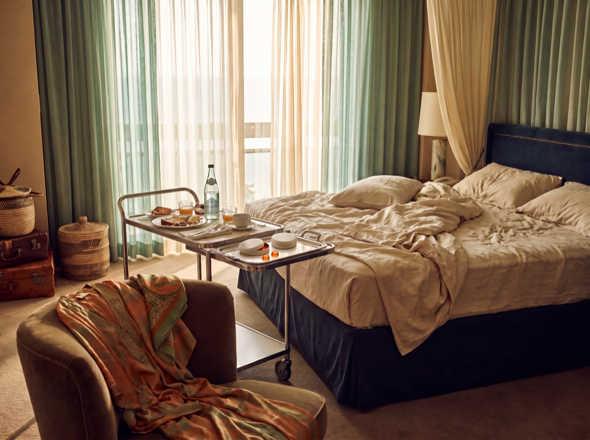 A sunlit hotel room the morning after: rumpled linens and a breakfast cart with two blank pocket-sized tins, one open, a couple of gummies out