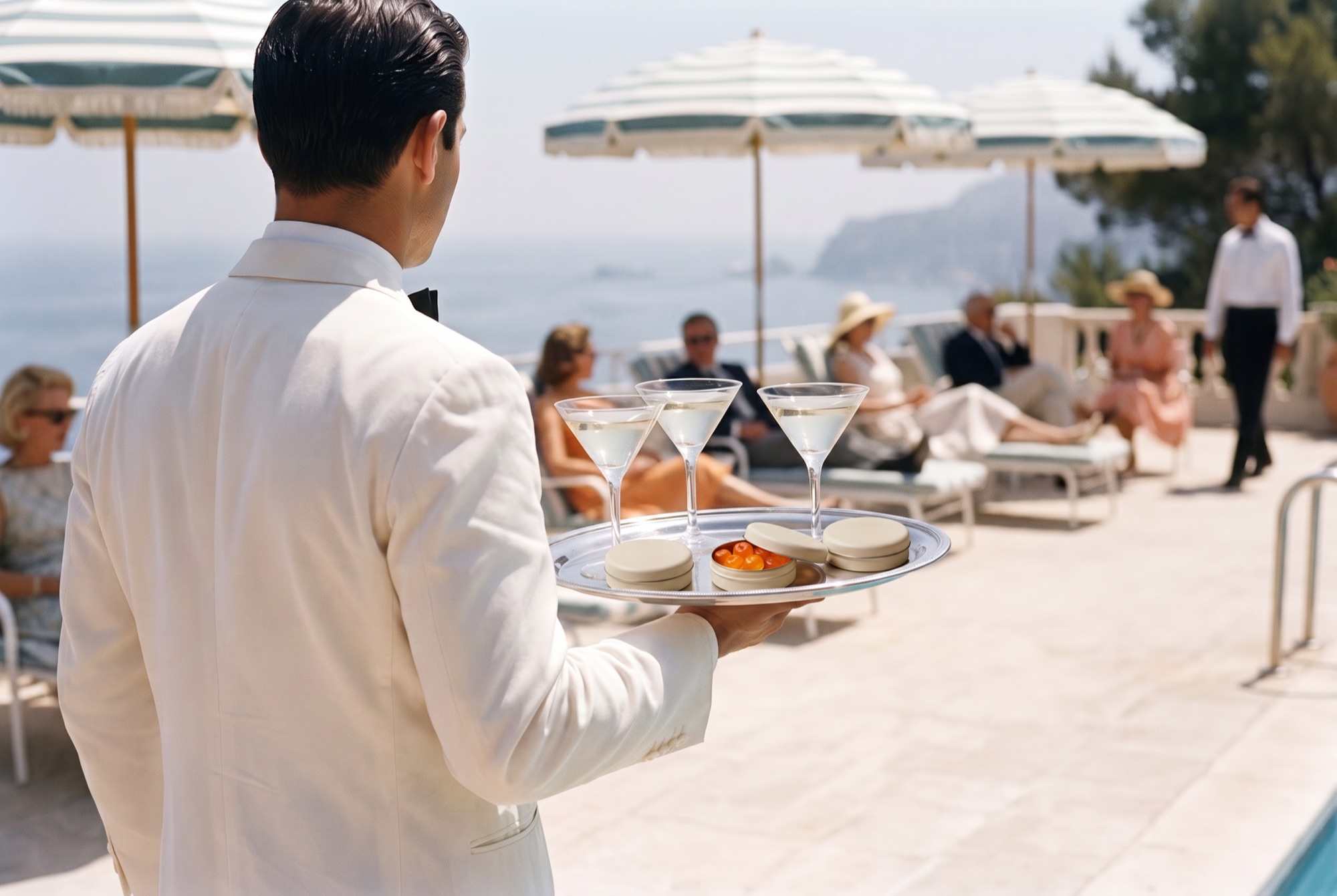 A waiter carrying a silver tray of martinis and three pocket-sized cream tins with clean blank lids, one open