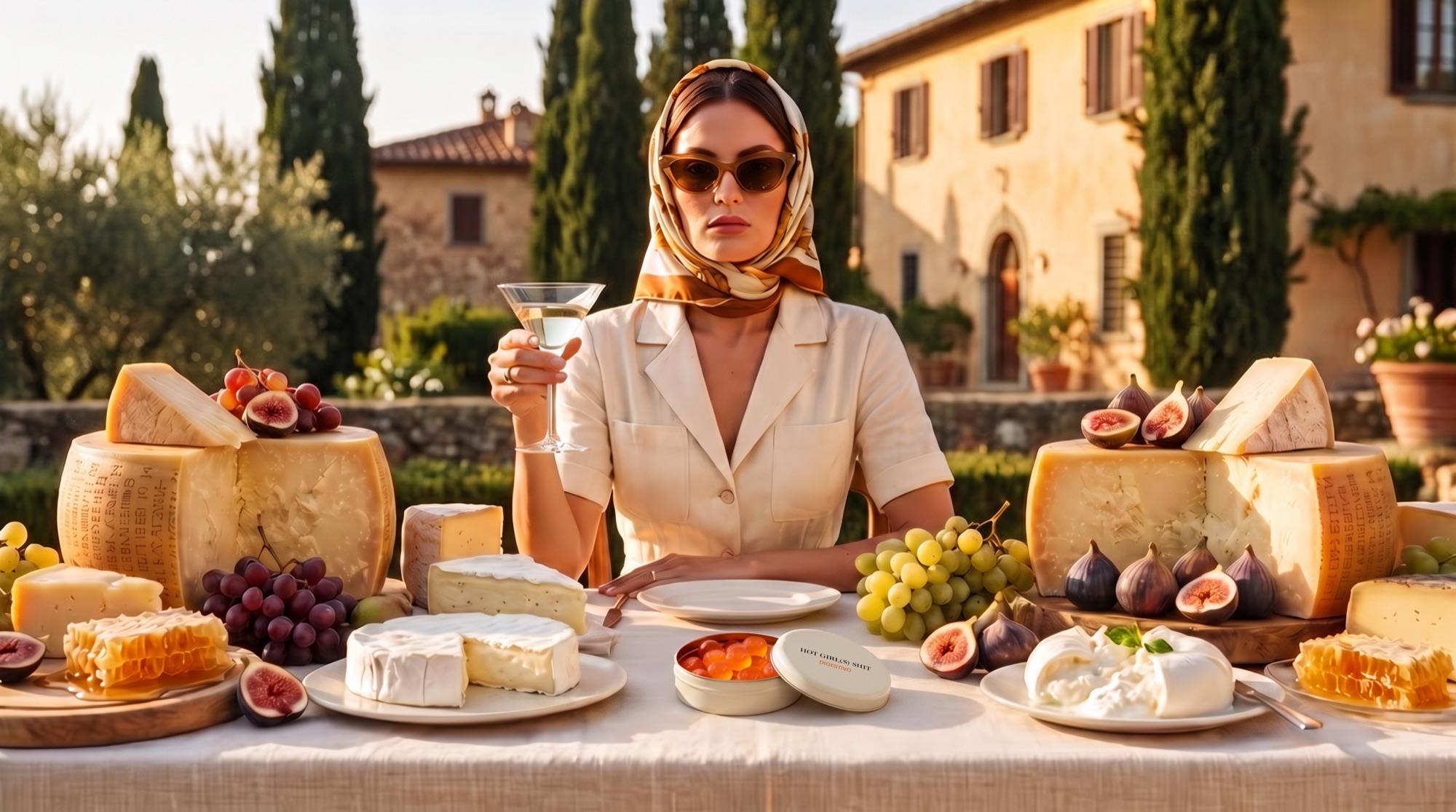 Woman in a headscarf raising a martini at a table overflowing with cheese, a small open tin reading HOT GIRL(S) SHIT DIGESTIVO at the center