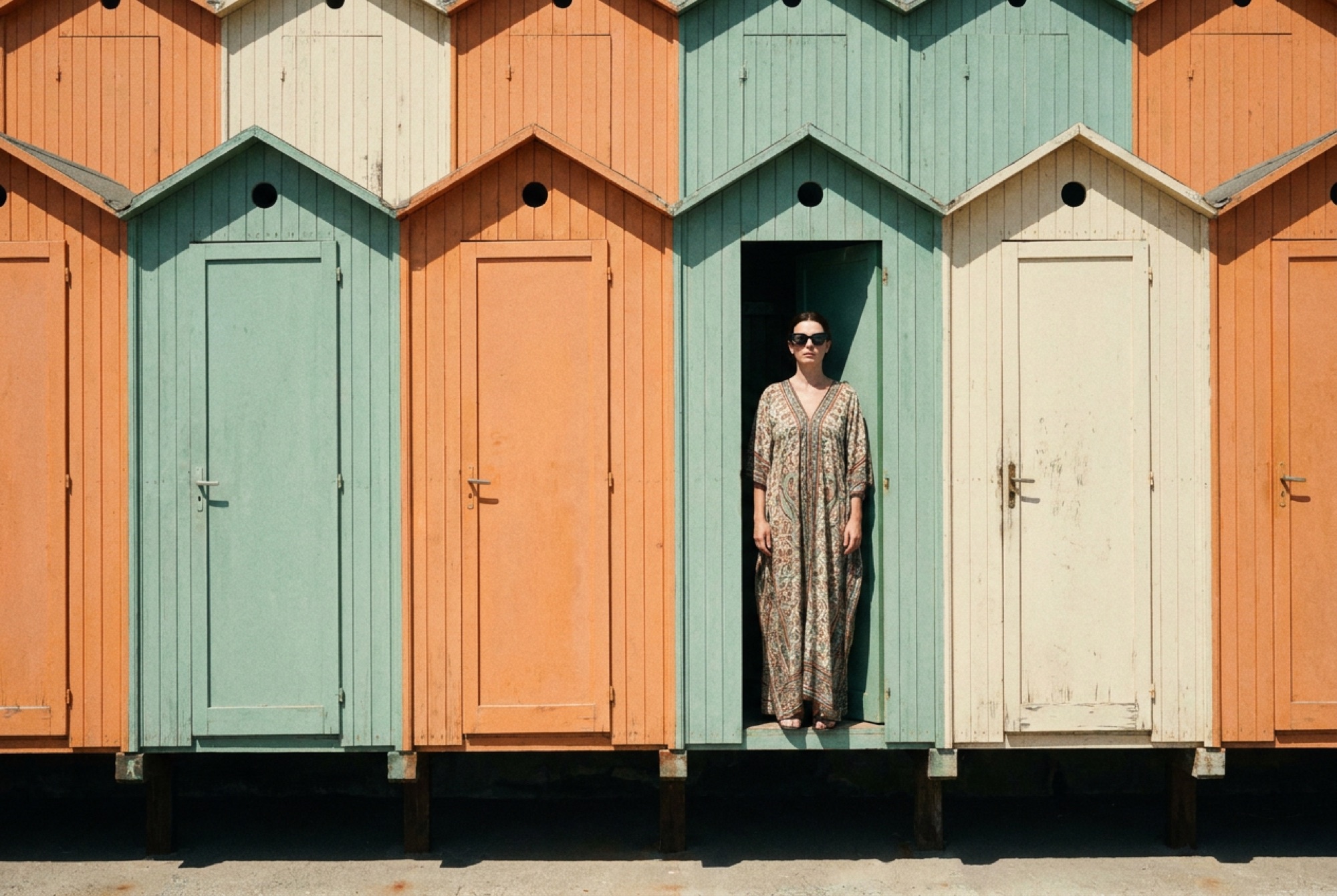 A row of pastel lido changing cabins, a woman in a robe standing in one doorway